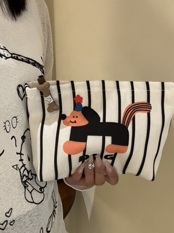 Geantă de machiaj cu model în dungi, din canvas, căptușită cu canvas, ultra-ușoară, extensibilă