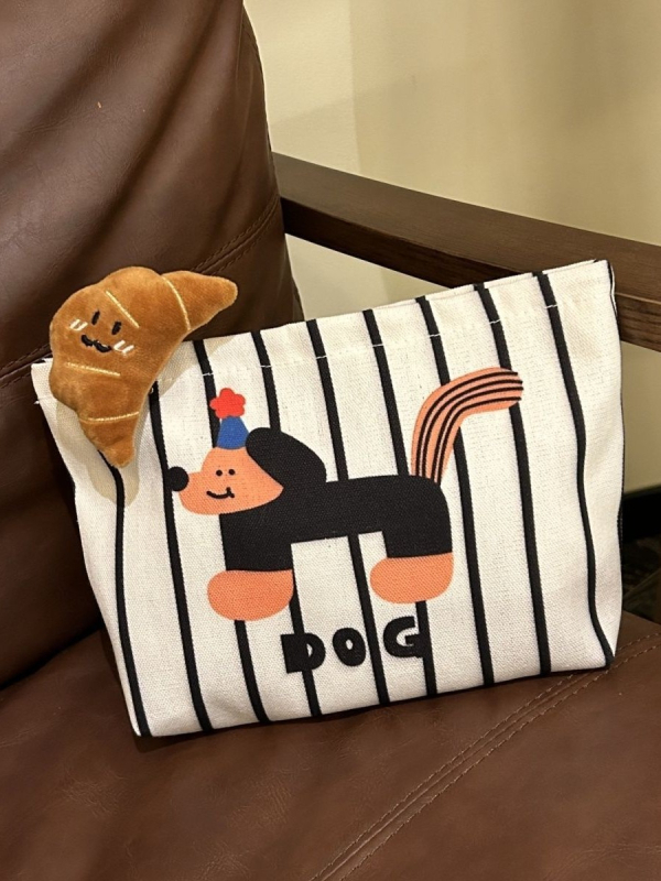 Geantă de machiaj cu model în dungi, din canvas, căptușită cu canvas, ultra-ușoară, extensibilă
