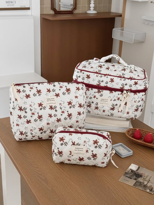 Corduroy kozmetická taška s kvetinovým vzorom, podšívka z polyesteru, Jeseň 2025, Unisex