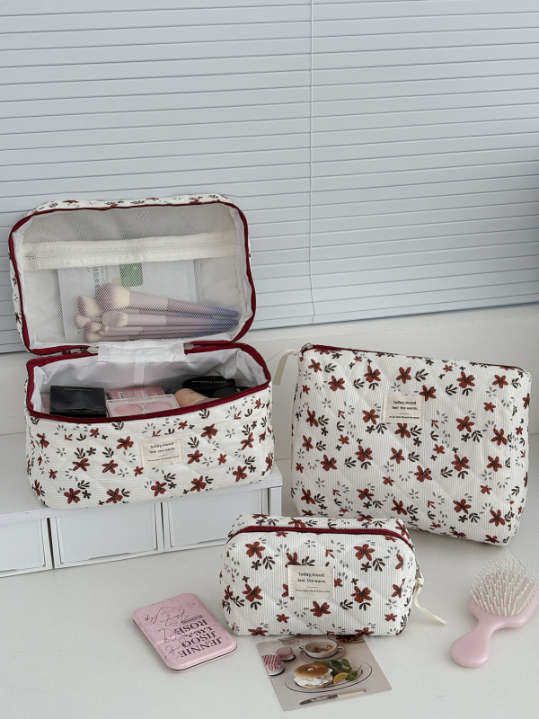 Corduroy kozmetická taška s kvetinovým vzorom, podšívka z polyesteru, Jeseň 2025, Unisex