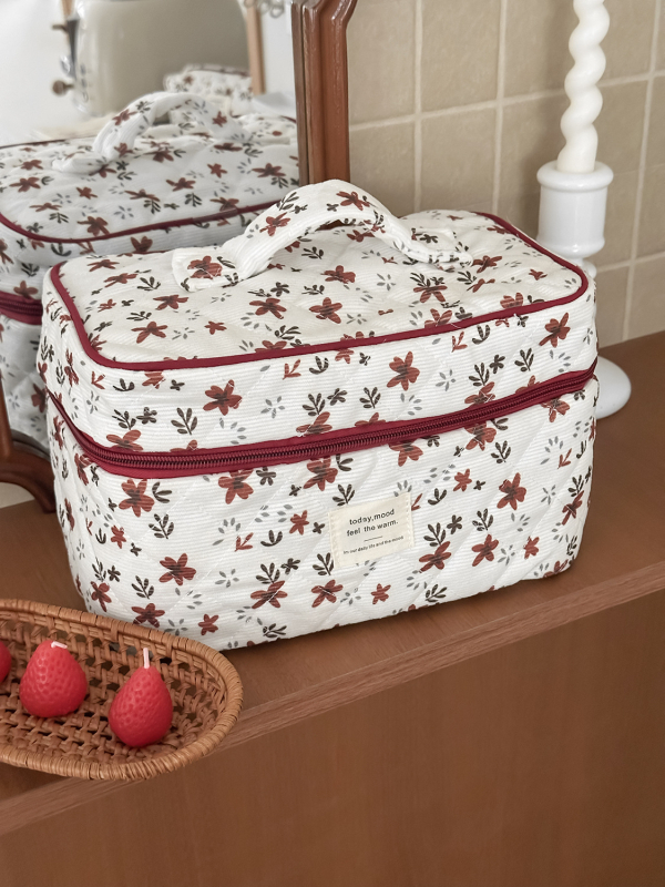 Corduroy kozmetická taška s kvetinovým vzorom, podšívka z polyesteru, Jeseň 2025, Unisex