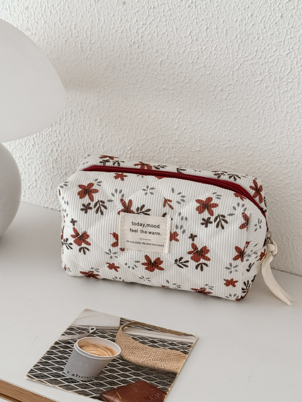Corduroy kozmetická taška s kvetinovým vzorom, podšívka z polyesteru, Jeseň 2025, Unisex