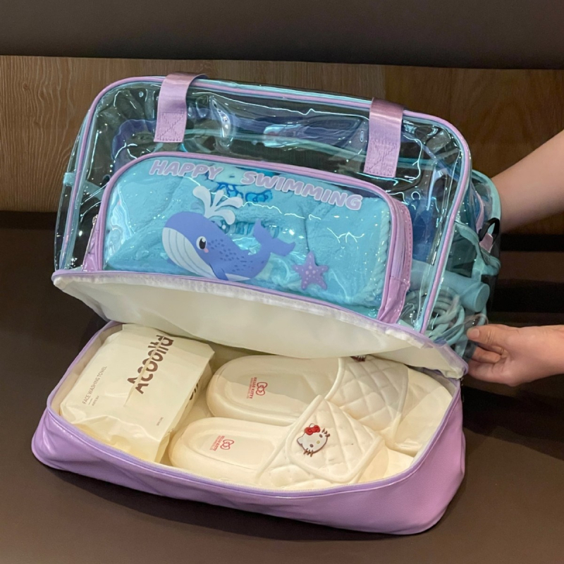 Geantă de plajă cu separare umed-uscat, PVC transparent, capacitate mare pentru cosmetice și articole de baie