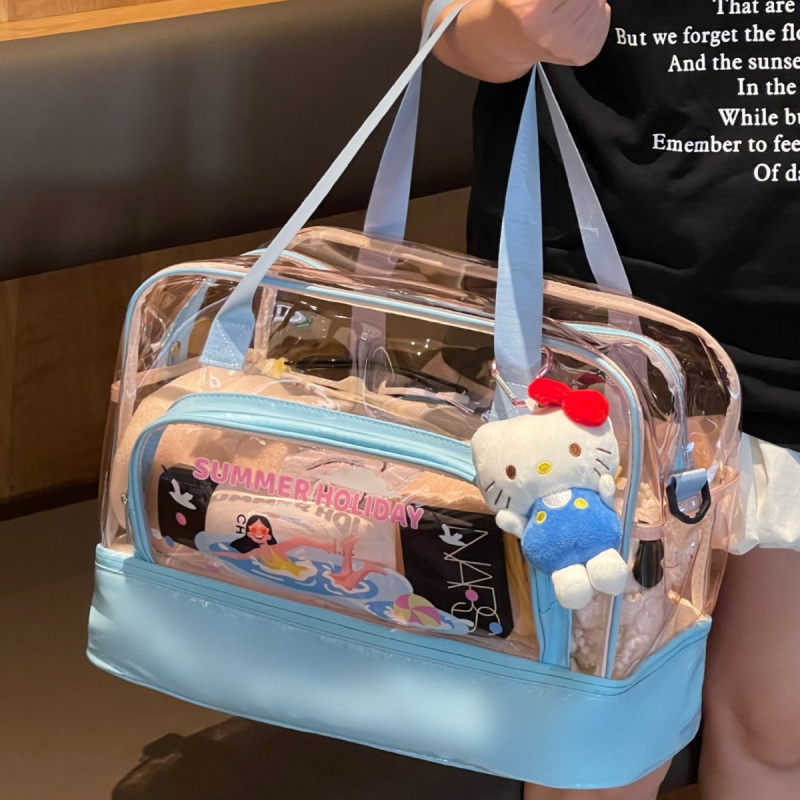 Geantă de plajă cu separare umed-uscat, PVC transparent, capacitate mare pentru cosmetice și articole de baie