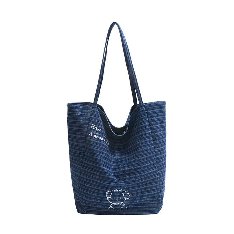 Denim tote torba za ramena s platnenom podstavom, velika kapaciteta, vertikalni kvadratni oblik, otvoreni vrh, džep za mobitel, dvostruki remeni, korejski gradski stil inspiriran