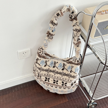 Leopard uzorak pliš bucket crossbody torba, ovčja vuna, zatvaranje na zip, unutarnji džep sa zipom i džep za telefon, gradski stil, zima 2025