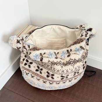 Leopard uzorak pliš bucket crossbody torba, ovčja vuna, zatvaranje na zip, unutarnji džep sa zipom i džep za telefon, gradski stil, zima 2025