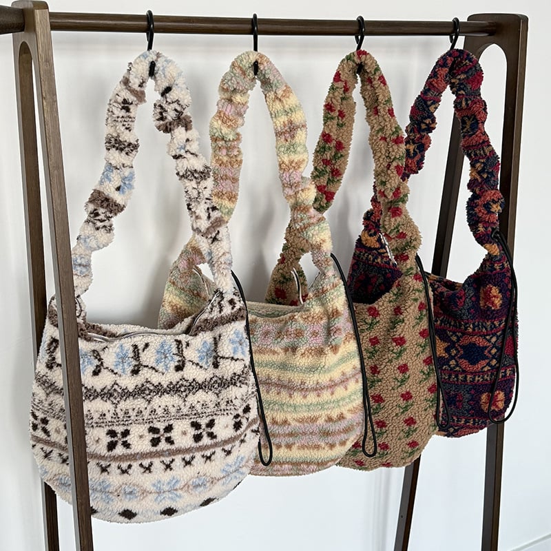 Leopard uzorak pliš bucket crossbody torba, ovčja vuna, zatvaranje na zip, unutarnji džep sa zipom i džep za telefon, gradski stil, zima 2025