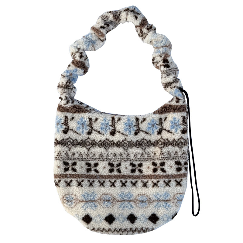 Leopard uzorak pliš bucket crossbody torba, ovčja vuna, zatvaranje na zip, unutarnji džep sa zipom i džep za telefon, gradski stil, zima 2025