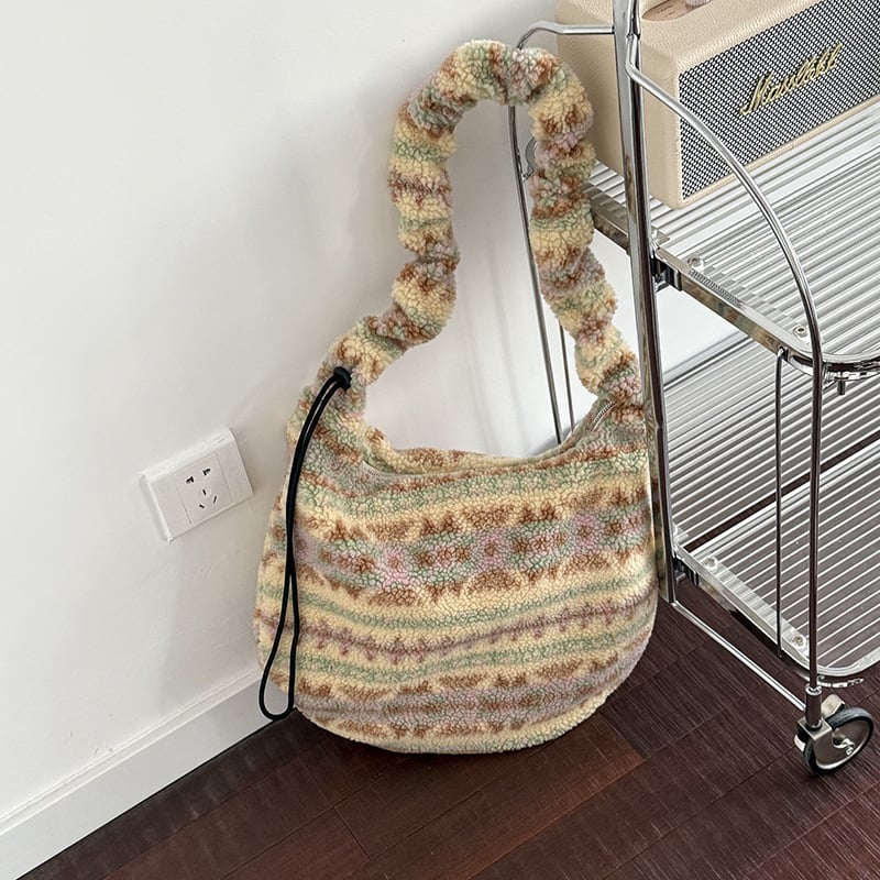 Leopard uzorak pliš bucket crossbody torba, ovčja vuna, zatvaranje na zip, unutarnji džep sa zipom i džep za telefon, gradski stil, zima 2025