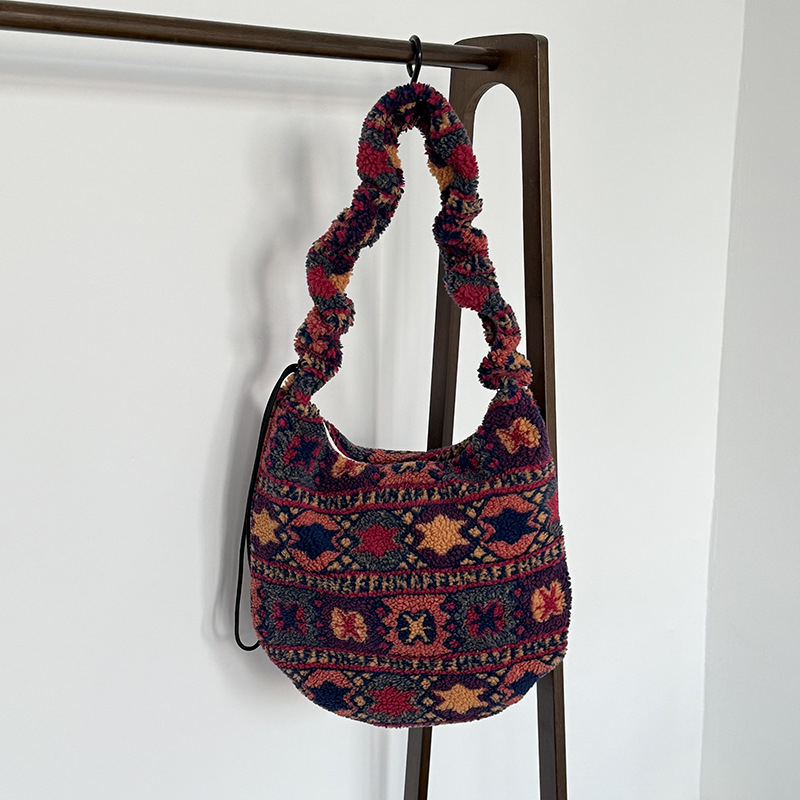 Leopard uzorak pliš bucket crossbody torba, ovčja vuna, zatvaranje na zip, unutarnji džep sa zipom i džep za telefon, gradski stil, zima 2025