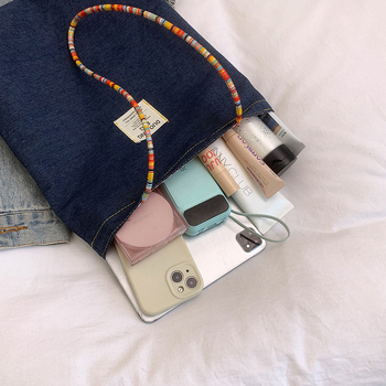 Notelli denim tote torba, gradski stil, dvostrano otvoreni vrh, podstata od poliestera, džep za mobitel, dvije naramenice, svakodnevna upotreba, proljeće 2025
