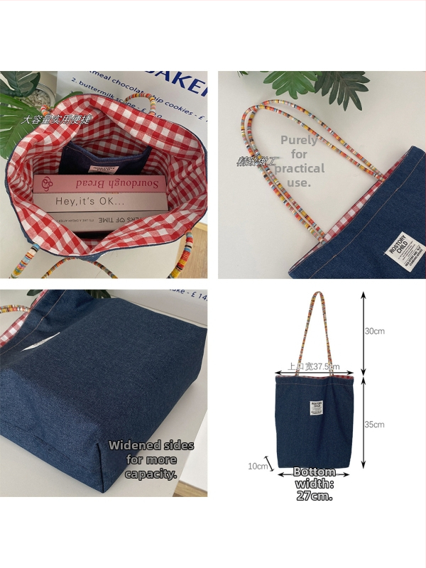 Torba tote s urbanom jednostavnošću, denim materijal, uspravni četverokutni oblik, džep za mobitel