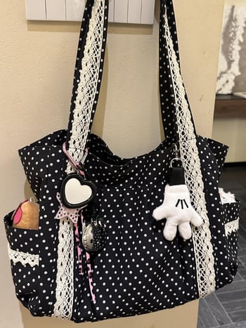 Platnena torba u korejskom stilu s točkicama, žena, čipkasti detalji, preko ramena tote, srednje veličine, velika kapaciteta za svakodnevnu upotrebu.