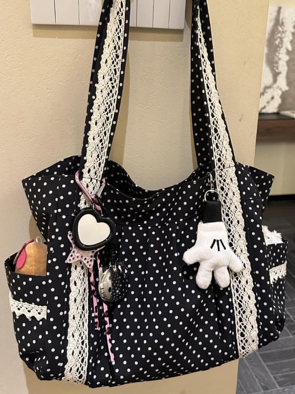 Platnena torba u korejskom stilu s točkicama, žena, čipkasti detalji, preko ramena tote, srednje veličine, velika kapaciteta za svakodnevnu upotrebu.