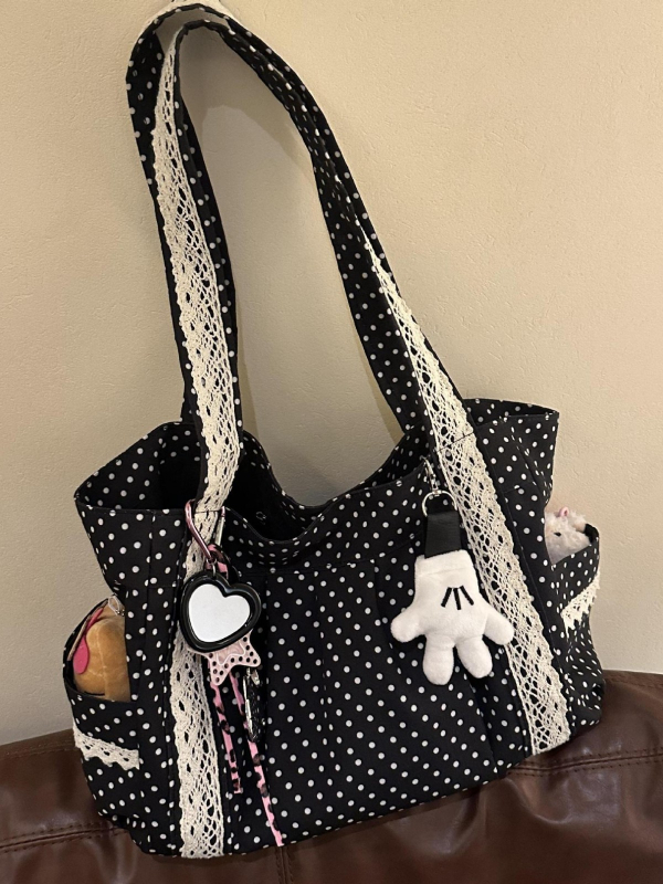 Platnena torba u korejskom stilu s točkicama, žena, čipkasti detalji, preko ramena tote, srednje veličine, velika kapaciteta za svakodnevnu upotrebu.