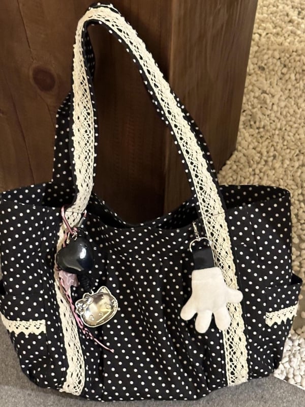 Platnena torba u korejskom stilu s točkicama, žena, čipkasti detalji, preko ramena tote, srednje veličine, velika kapaciteta za svakodnevnu upotrebu.
