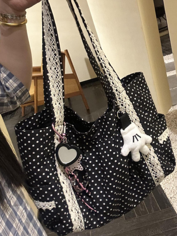 Platnena torba u korejskom stilu s točkicama, žena, čipkasti detalji, preko ramena tote, srednje veličine, velika kapaciteta za svakodnevnu upotrebu.