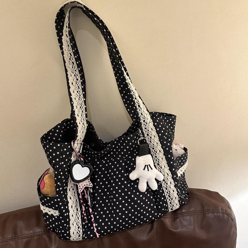 Platnena torba u korejskom stilu s točkicama, žena, čipkasti detalji, preko ramena tote, srednje veličine, velika kapaciteta za svakodnevnu upotrebu.