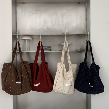 Női vászontáska pöttyös mintával, friss és édes stílus, tote táska nagy kapacitással, vödrös formájú, nyitott felső rész, bélés nélkül