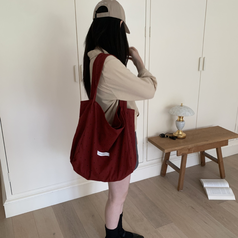 Női vászontáska pöttyös mintával, friss és édes stílus, tote táska nagy kapacitással, vödrös formájú, nyitott felső rész, bélés nélkül