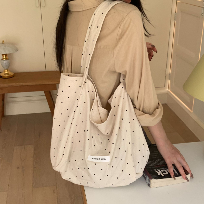 Női vászontáska pöttyös mintával, friss és édes stílus, tote táska nagy kapacitással, vödrös formájú, nyitott felső rész, bélés nélkül