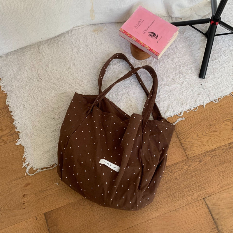 Női vászontáska pöttyös mintával, friss és édes stílus, tote táska nagy kapacitással, vödrös formájú, nyitott felső rész, bélés nélkül