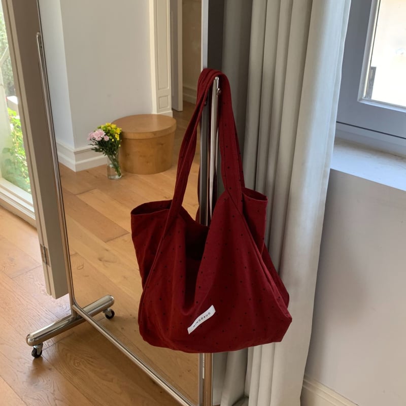 Női vászontáska pöttyös mintával, friss és édes stílus, tote táska nagy kapacitással, vödrös formájú, nyitott felső rész, bélés nélkül