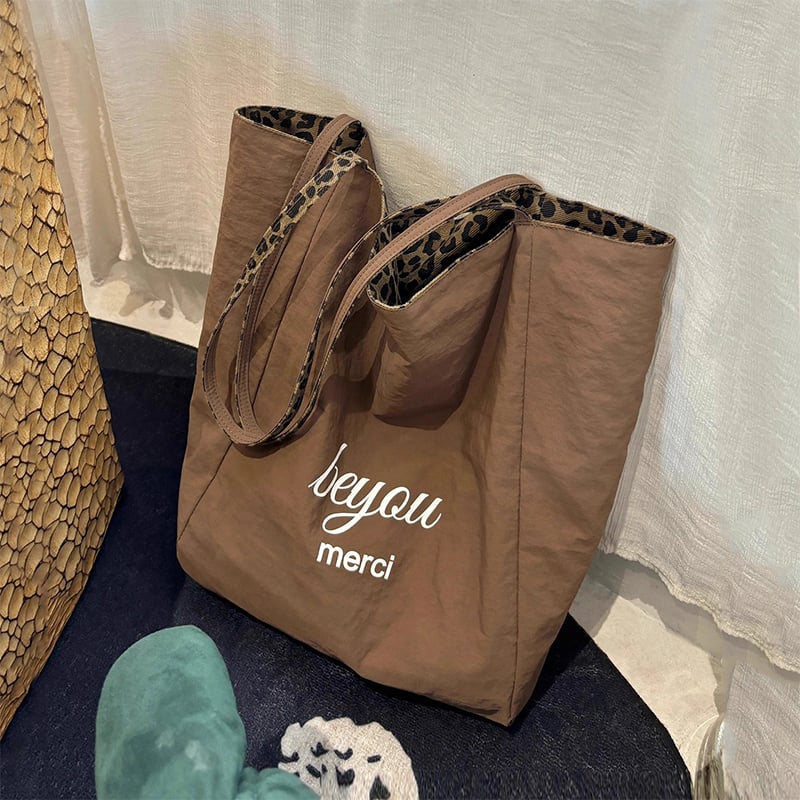 Leopard print nylon Tote torba – dvostruke naramenice, otvoreni vrh, poliester podstava