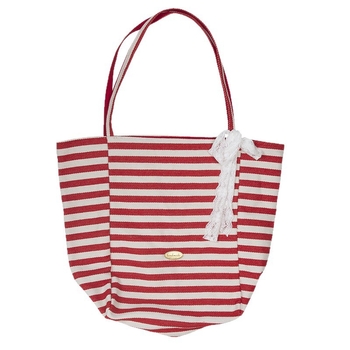 Csíkos, kétoldalas vászon tote táska, lazító stílus, függőleges négyszögletes forma, nyitott felső, dupla vállpánt