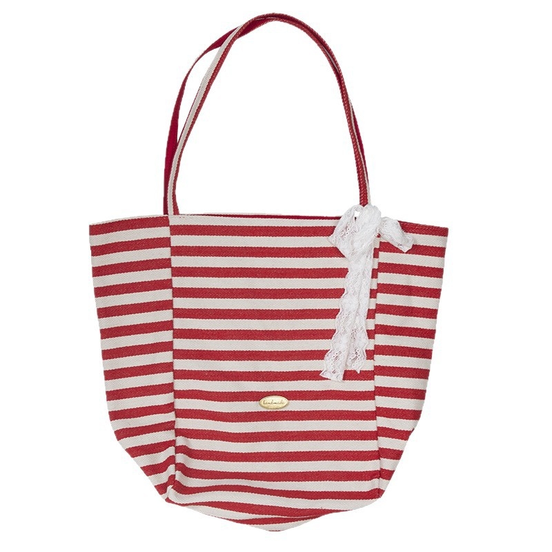 Csíkos, kétoldalas vászon tote táska, lazító stílus, függőleges négyszögletes forma, nyitott felső, dupla vállpánt