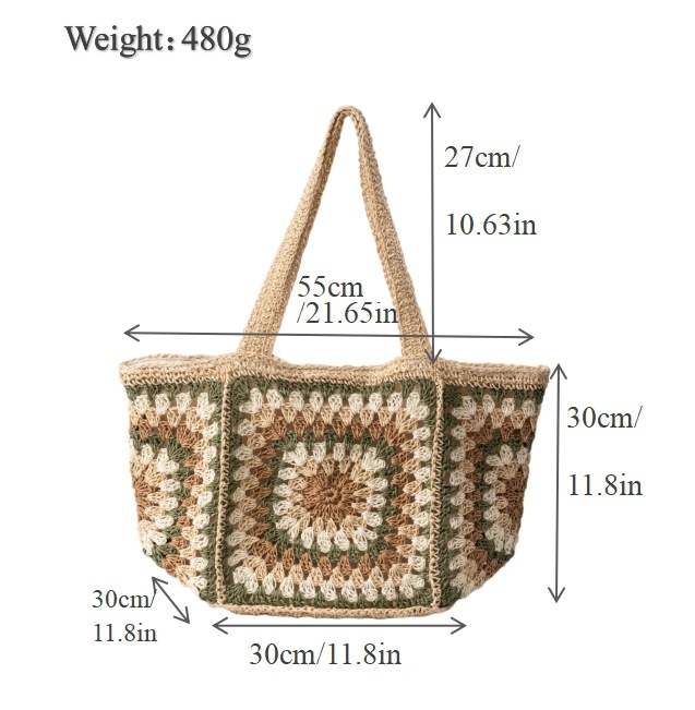 Egy vállon hordható, gyémánt mintás szalma tote, kézműves, nagy kapacitású, mágneszár, belső zsebek telefonhoz és igazolványhoz