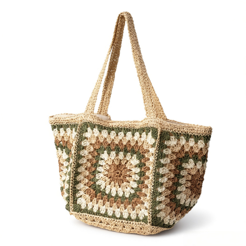 Egy vállon hordható, gyémánt mintás szalma tote, kézműves, nagy kapacitású, mágneszár, belső zsebek telefonhoz és igazolványhoz