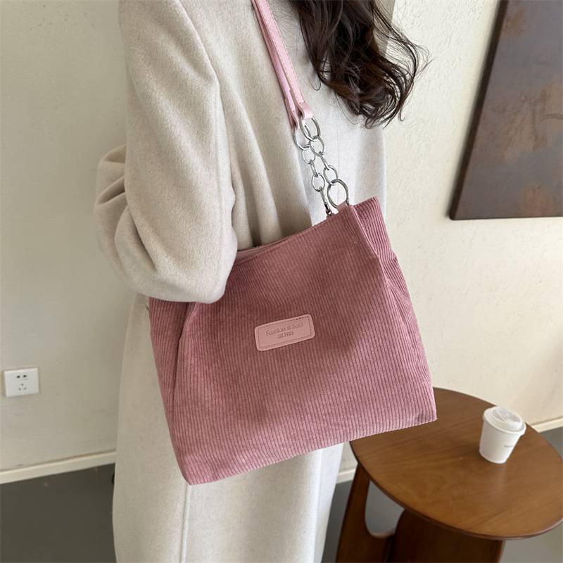 Corduroy Tote torba sa zatvaračem, poliester podstava, gradski stil, vodoravni kvadratni oblik