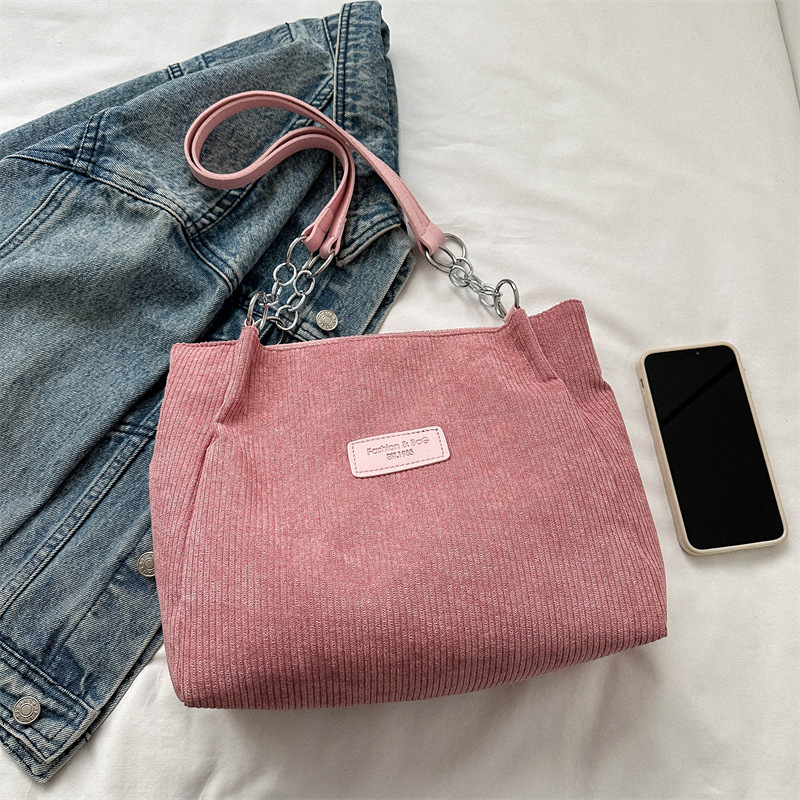 Corduroy Tote torba sa zatvaračem, poliester podstava, gradski stil, vodoravni kvadratni oblik