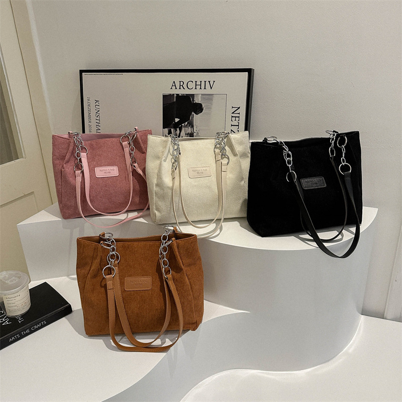 Corduroy Tote torba sa zatvaračem, poliester podstava, gradski stil, vodoravni kvadratni oblik