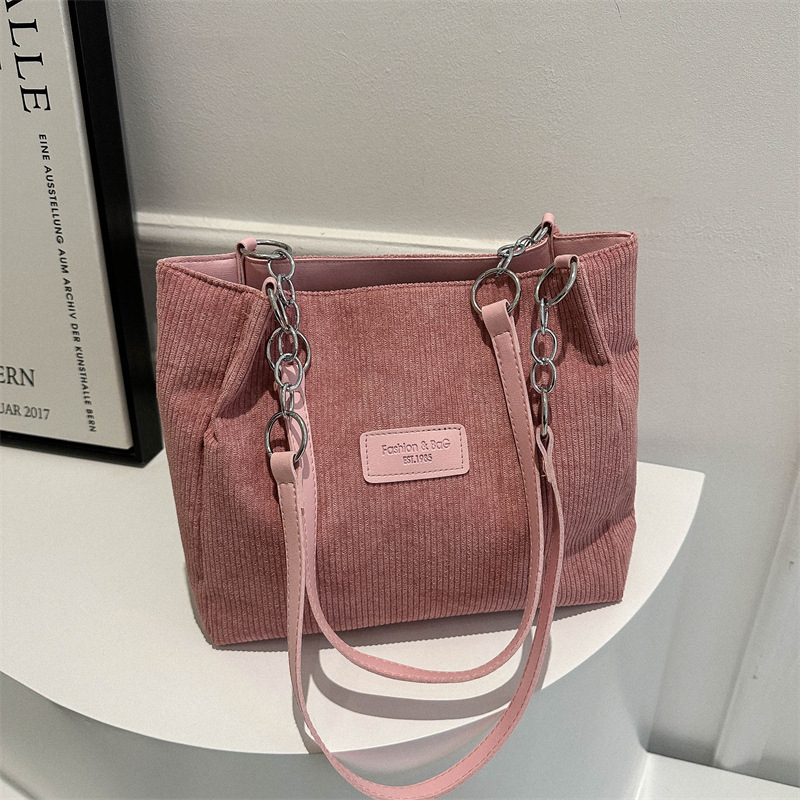 Corduroy Tote torba sa zatvaračem, poliester podstava, gradski stil, vodoravni kvadratni oblik