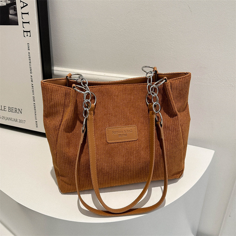 Corduroy Tote torba sa zatvaračem, poliester podstava, gradski stil, vodoravni kvadratni oblik