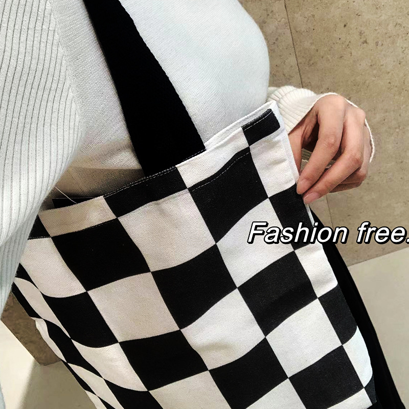 Crno-bijela tašna preko ramena s uzorkom houndstooth, od platna, velika kapaciteta, moderna i svestrana za žene
