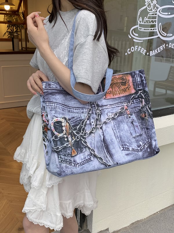 Nylon tote torba, horizontalni kvadratni oblik, džep za mobitel, unutarnji džep s patch pločom, poliester podstava