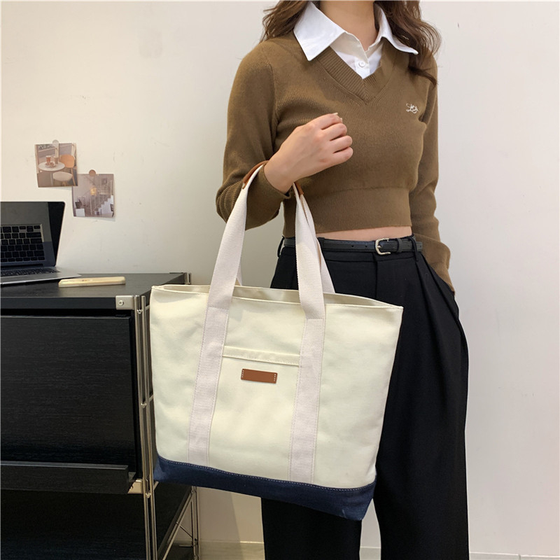 Platnena tote torba velike kapacitete, casual dizajn color-block, torba za pod pazuhom i preko ramena, ženska ručna torba
