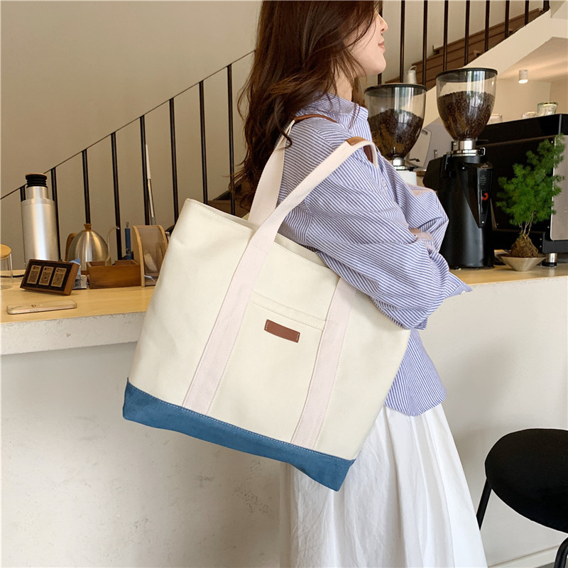 Platnena tote torba velike kapacitete, casual dizajn color-block, torba za pod pazuhom i preko ramena, ženska ručna torba