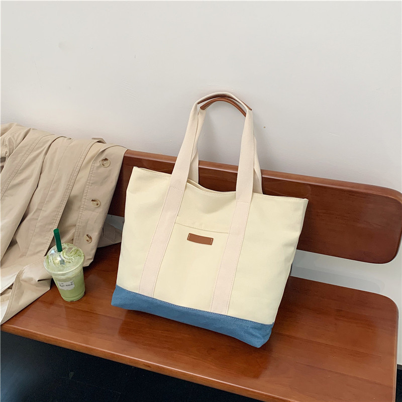 Platnena tote torba velike kapacitete, casual dizajn color-block, torba za pod pazuhom i preko ramena, ženska ručna torba