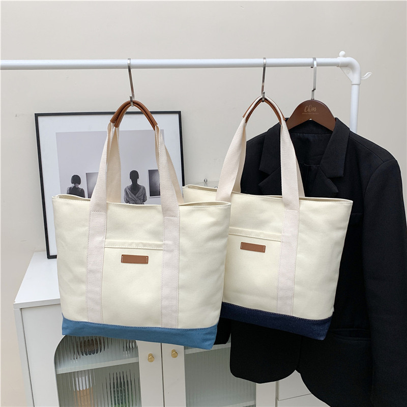 Platnena tote torba velike kapacitete, casual dizajn color-block, torba za pod pazuhom i preko ramena, ženska ručna torba