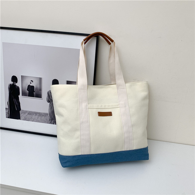 Platnena tote torba velike kapacitete, casual dizajn color-block, torba za pod pazuhom i preko ramena, ženska ručna torba