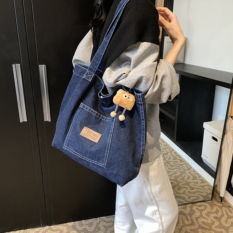 Denim canvas tote torba s naramenicom, velika kapaciteta, umjetnički svakodnevni stil