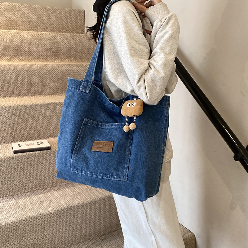 Denim canvas tote torba s naramenicom, velika kapaciteta, umjetnički svakodnevni stil
