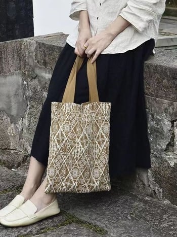 Geantă de umăr din pânză în stil literar-artistic național, formă verticală pătrată, buzunar interior cu fermoar, căptușeală din pânză