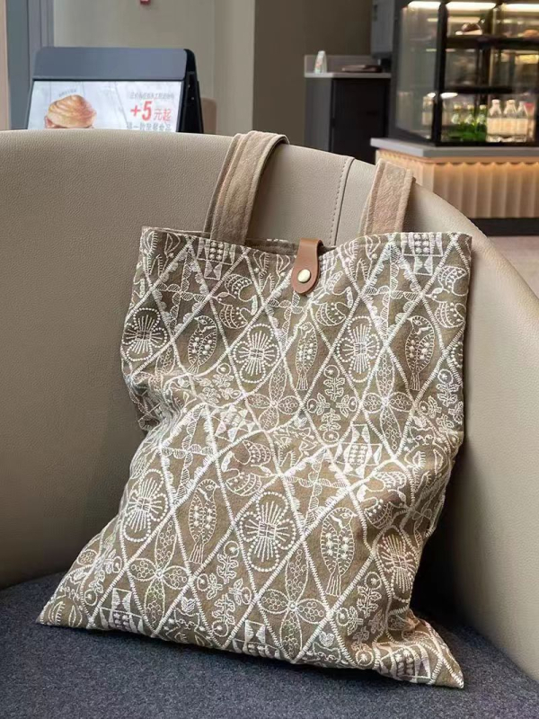 Geantă de umăr din pânză în stil literar-artistic național, formă verticală pătrată, buzunar interior cu fermoar, căptușeală din pânză