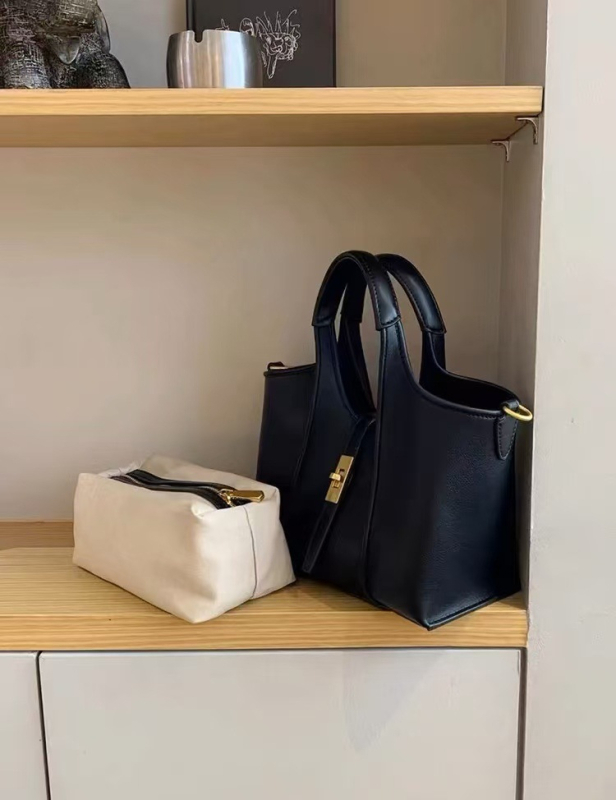 Geantă bucket din PU pentru femei, cu o curea, deschidere deschisă, buzunar intern cu fermoar